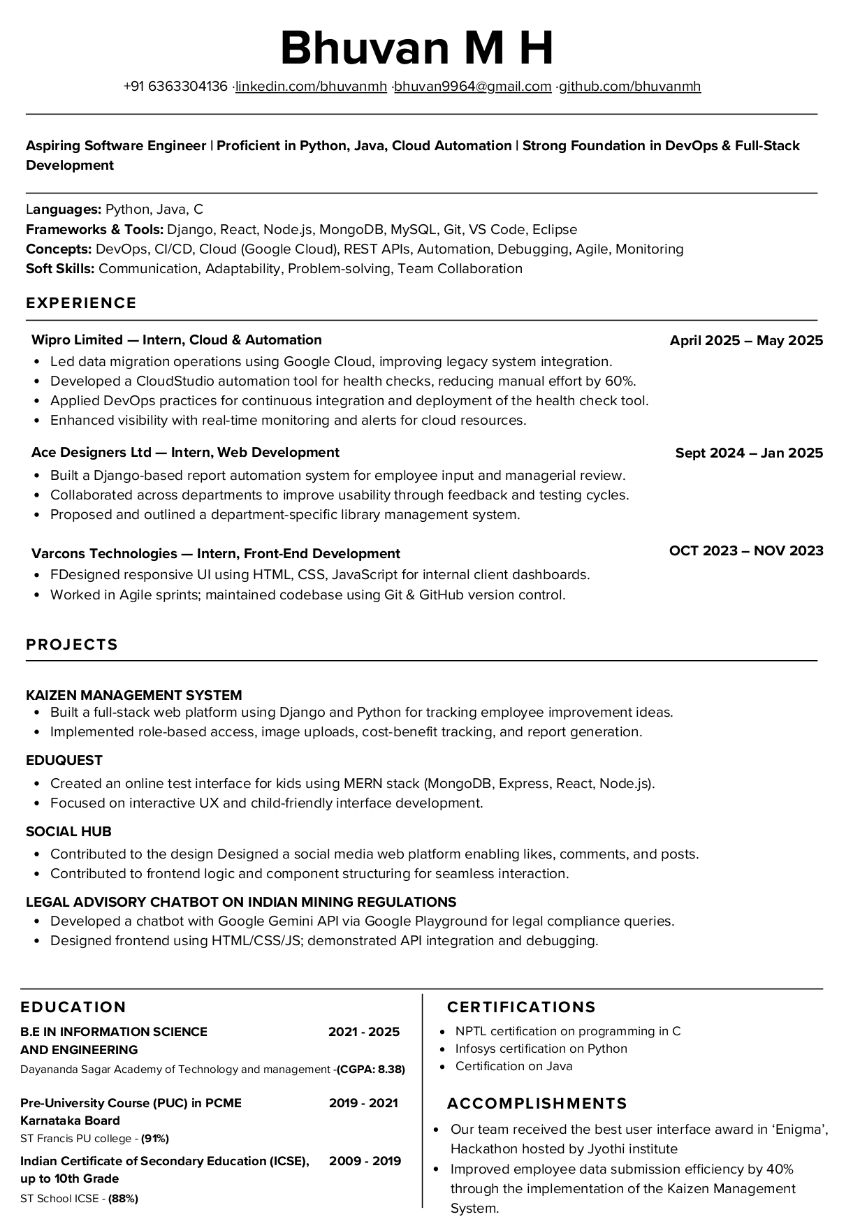 Bhuvan M H Resume